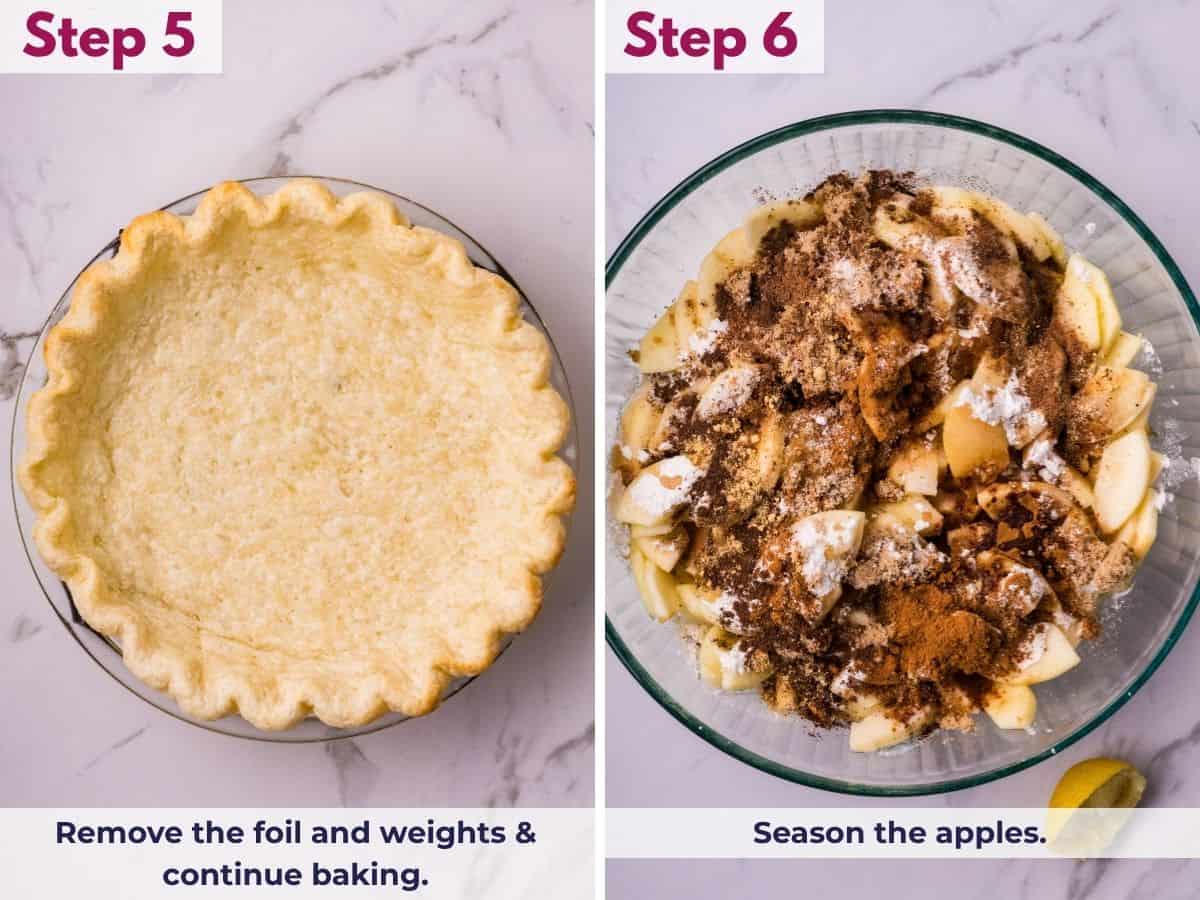 Removing the foil and pie weights to continue baking the crust, then seasoning the sliced apples with cinnamon, sugar, and spices for Dutch apple pie.