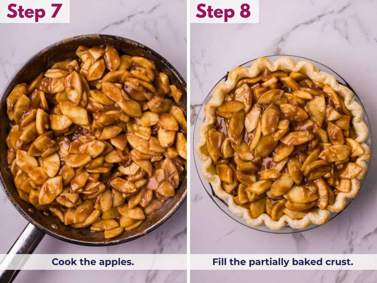 Cooking the cinnamon-spiced apples until tender, then filling the partially baked pie crust with the warm apple mixture for Dutch apple pie.