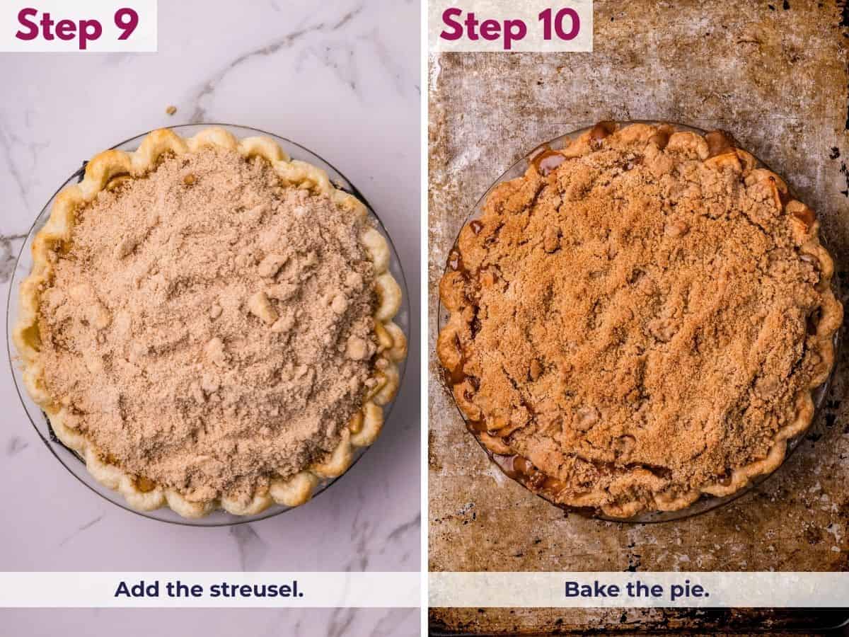 Spreading the chilled streusel evenly over the apple filling while keeping the crust edges clear, then baking the Dutch apple pie until the topping is golden brown.