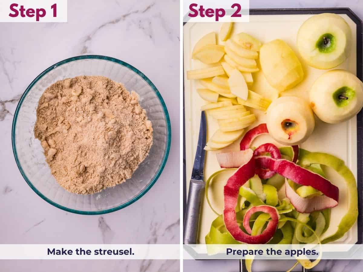 Mixing butter, brown sugar, flour, and cinnamon to make the streusel topping, then peeling and slicing the apples for homemade Dutch apple pie.