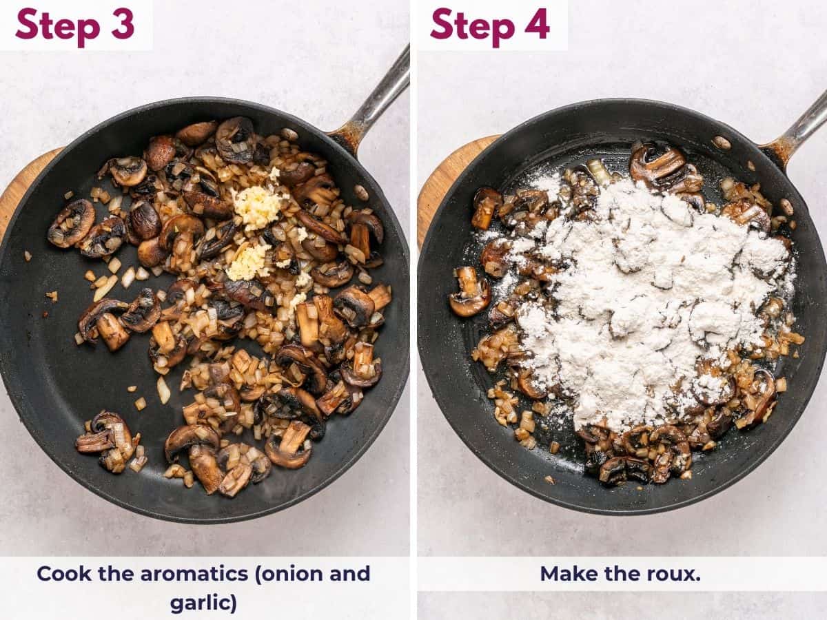 Cooking chopped onion and garlic in the skillet, then stirring in flour to make a roux for creamy ground beef stroganoff.