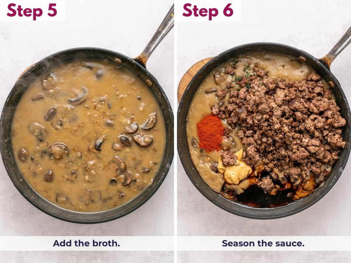 Adding beef broth to the roux and seasoning the sauce with salt, pepper, and spices for ground beef stroganoff.