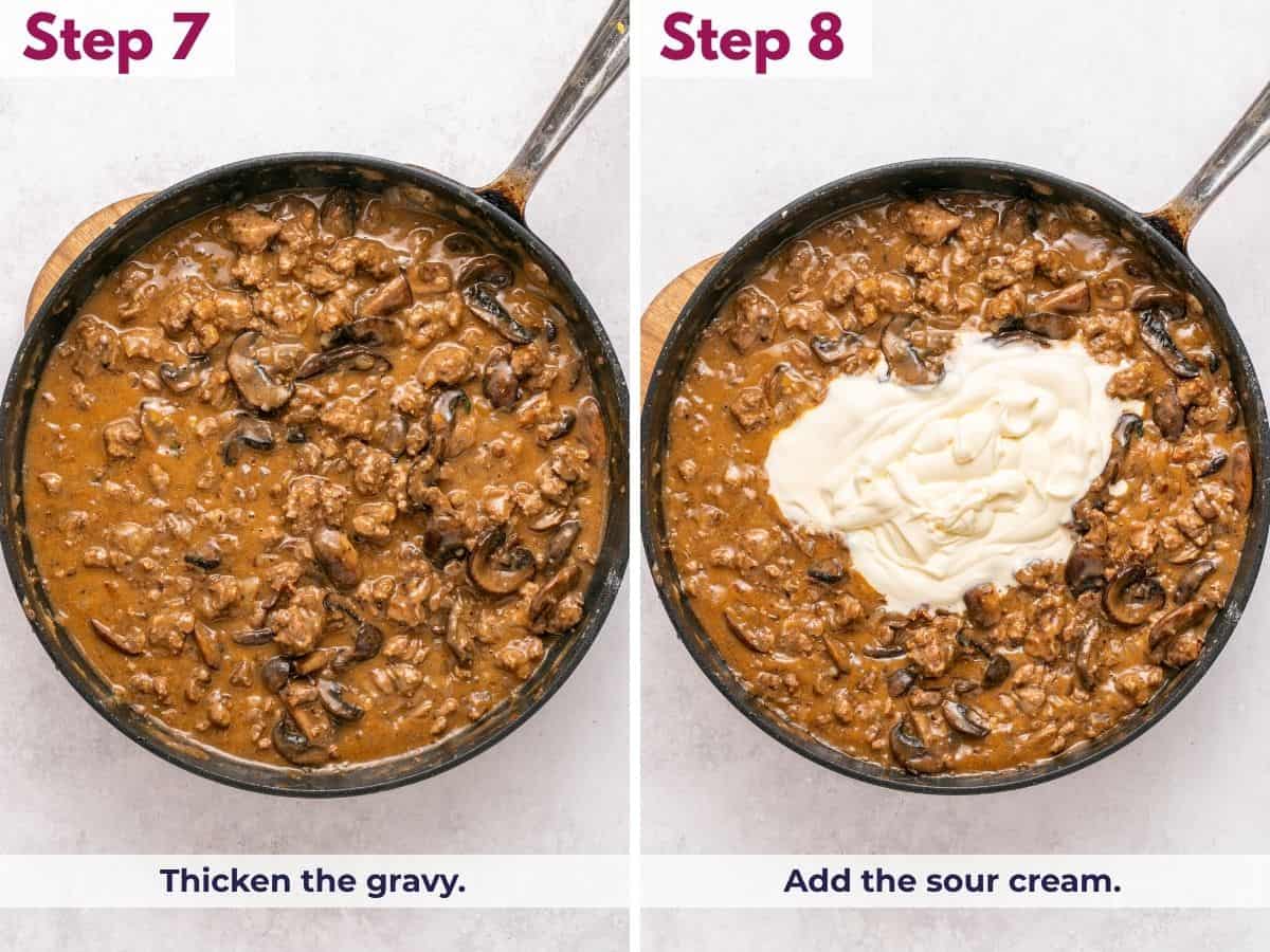 Simmering the gravy until thickened, then stirring in sour cream to make a creamy ground beef stroganoff sauce.