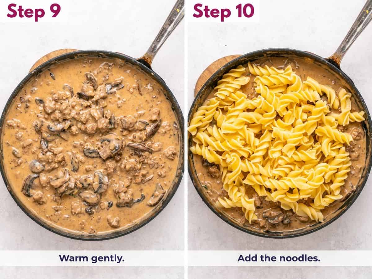 Gently warming the creamy stroganoff sauce over low heat, then adding cooked egg noodles and tossing to coat.