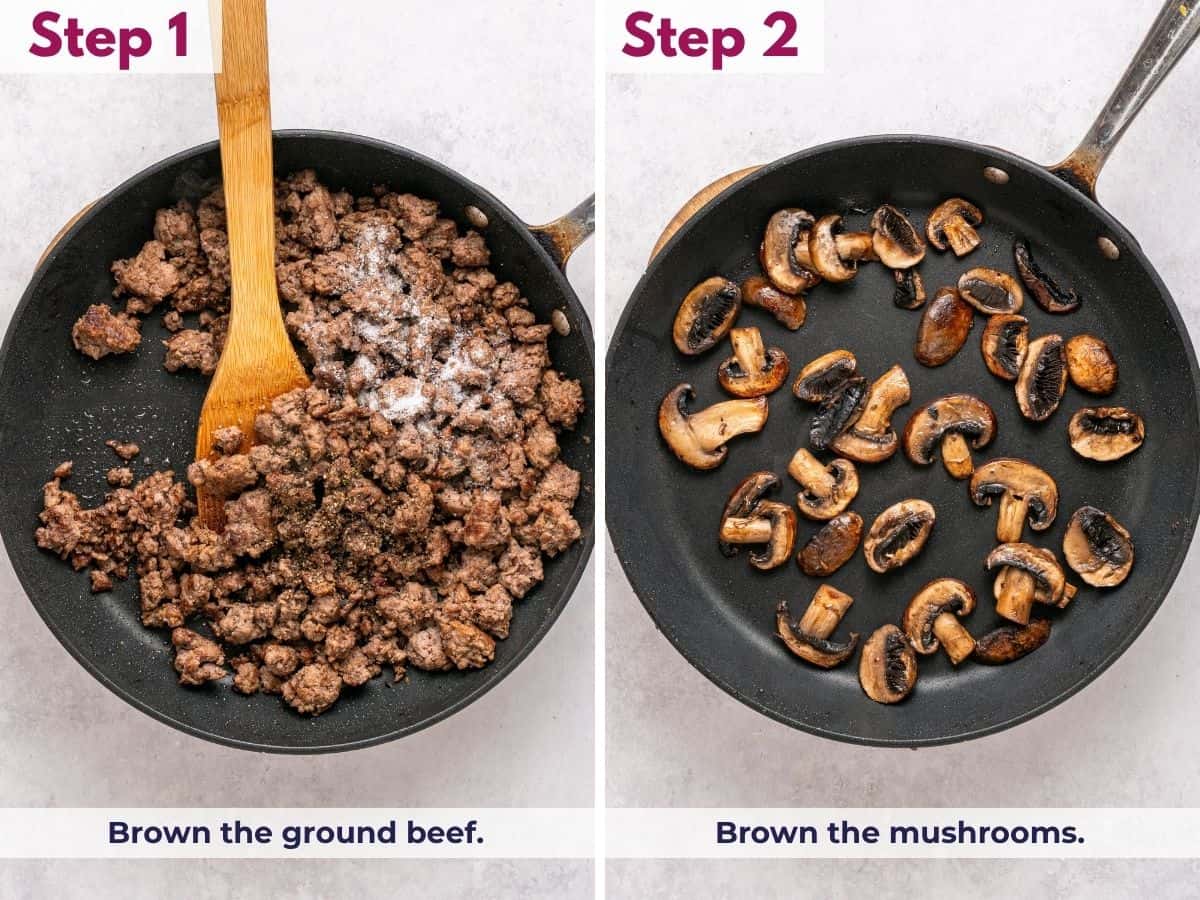 Browning ground beef and sliced mushrooms in a skillet for homemade ground beef stroganoff.