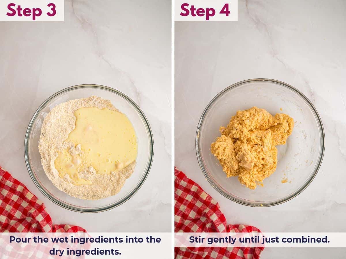 Pouring the wet ingredients into the bowl of dry ingredients, then gently stirring until just combined to make the hush puppies batter.