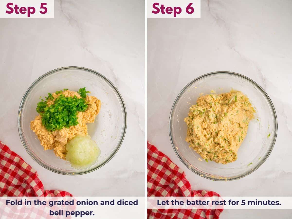 Folding grated onion and diced green bell pepper into the hush puppies batter, then letting it rest for 5 minutes before frying.