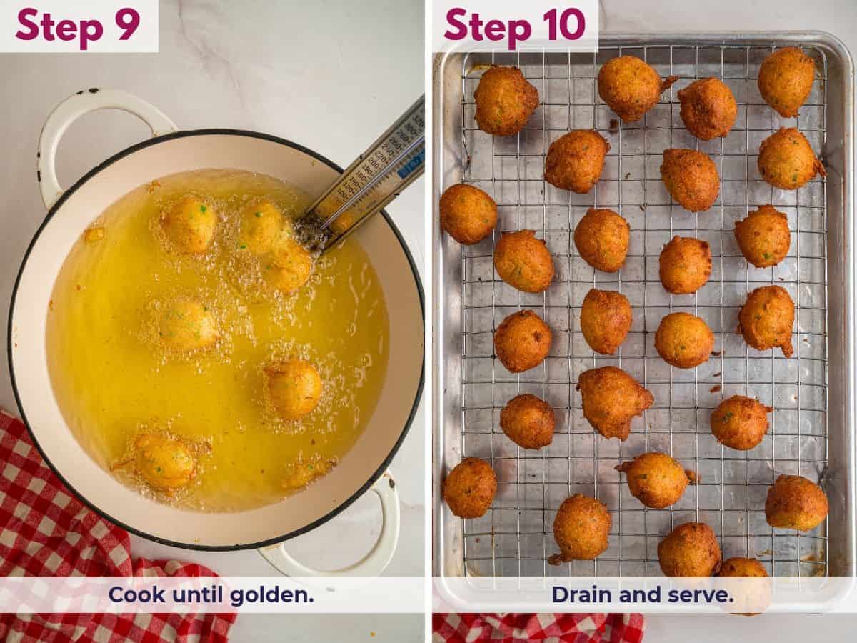Frying the hush puppies until golden brown and crispy, then draining them on a paper towel-lined plate before serving with dipping sauce.