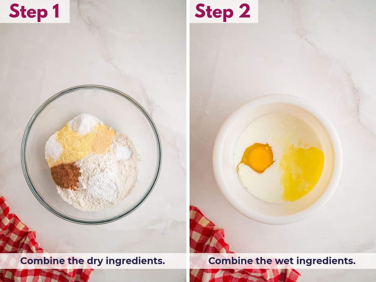 Whisking the dry ingredients together in one bowl, then combining the wet ingredients in a separate bowl to prepare the Southern hush puppies batter.
