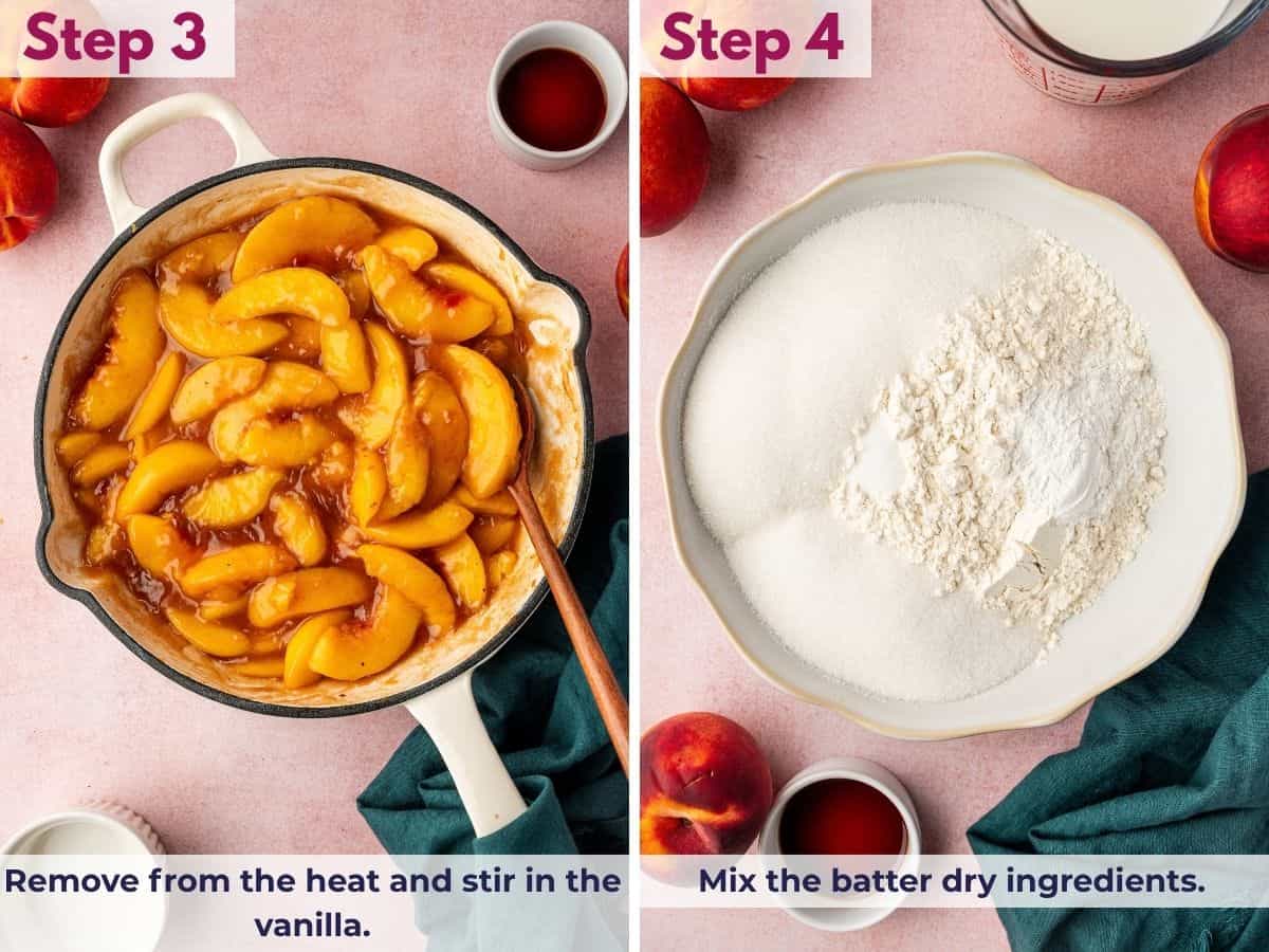 Stirring vanilla into the cooked peach filling off the heat, then whisking the dry ingredients together in a bowl for homemade peach cobbler.