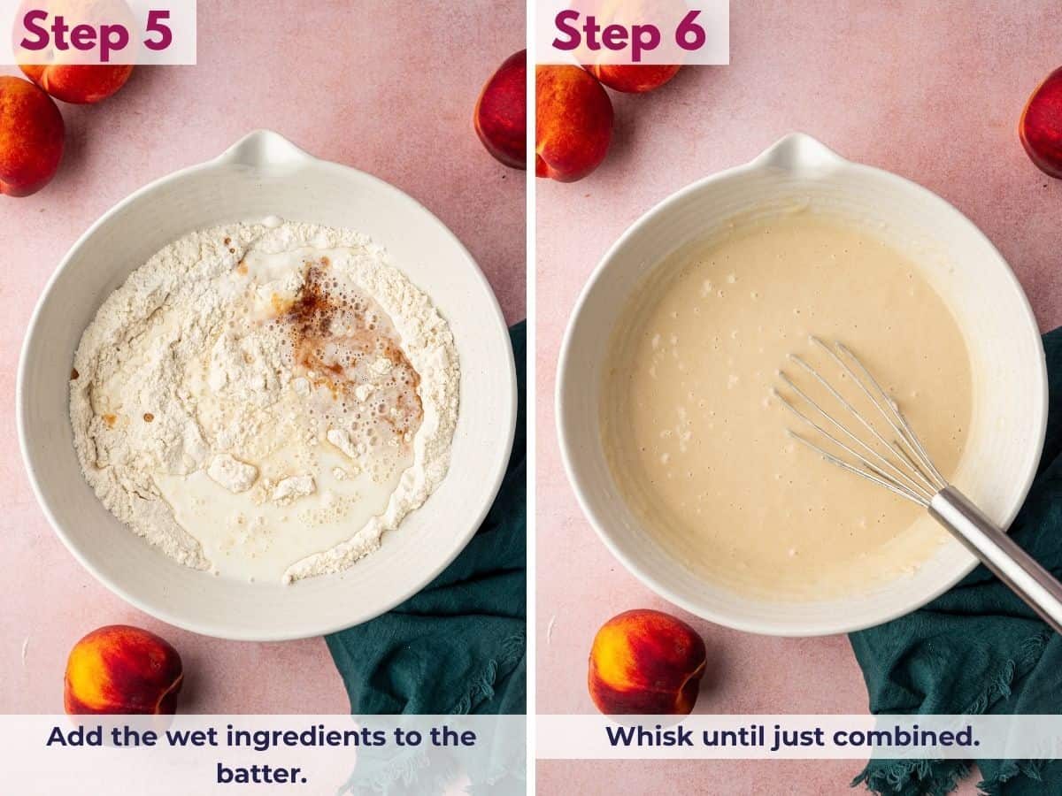 Adding milk and vanilla to the dry ingredients, then whisking until just combined to make the buttery batter for homemade peach cobbler.