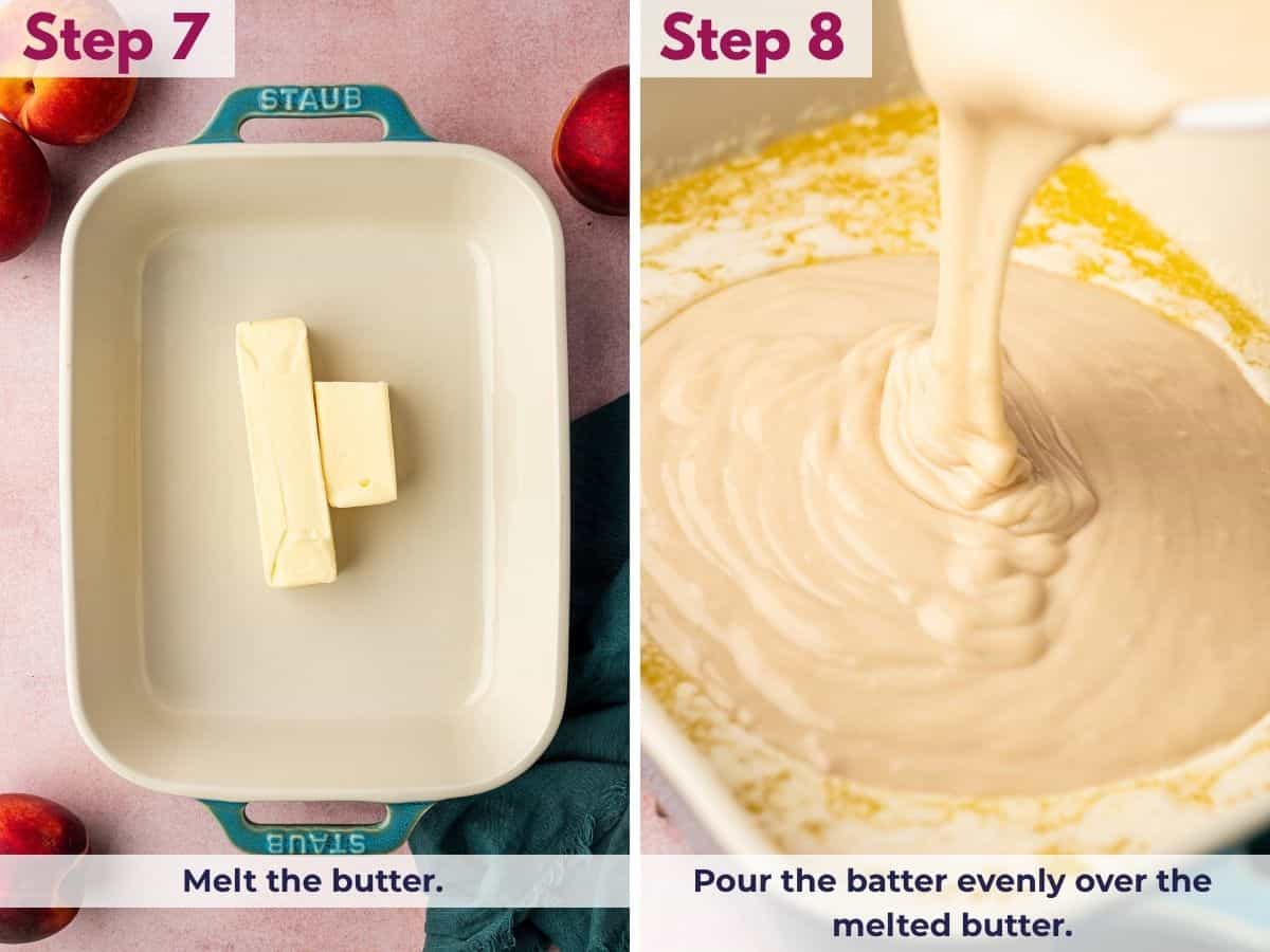 Pouring the peach cobbler batter evenly over melted butter in a baking dish before adding the peach filling.