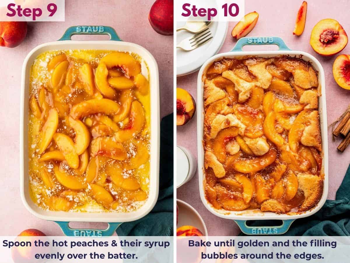 Spoon the hot cinnamon-spiced peaches and syrup evenly over the batter, then bake the homemade peach cobbler until golden brown with bubbling filling around the edges.