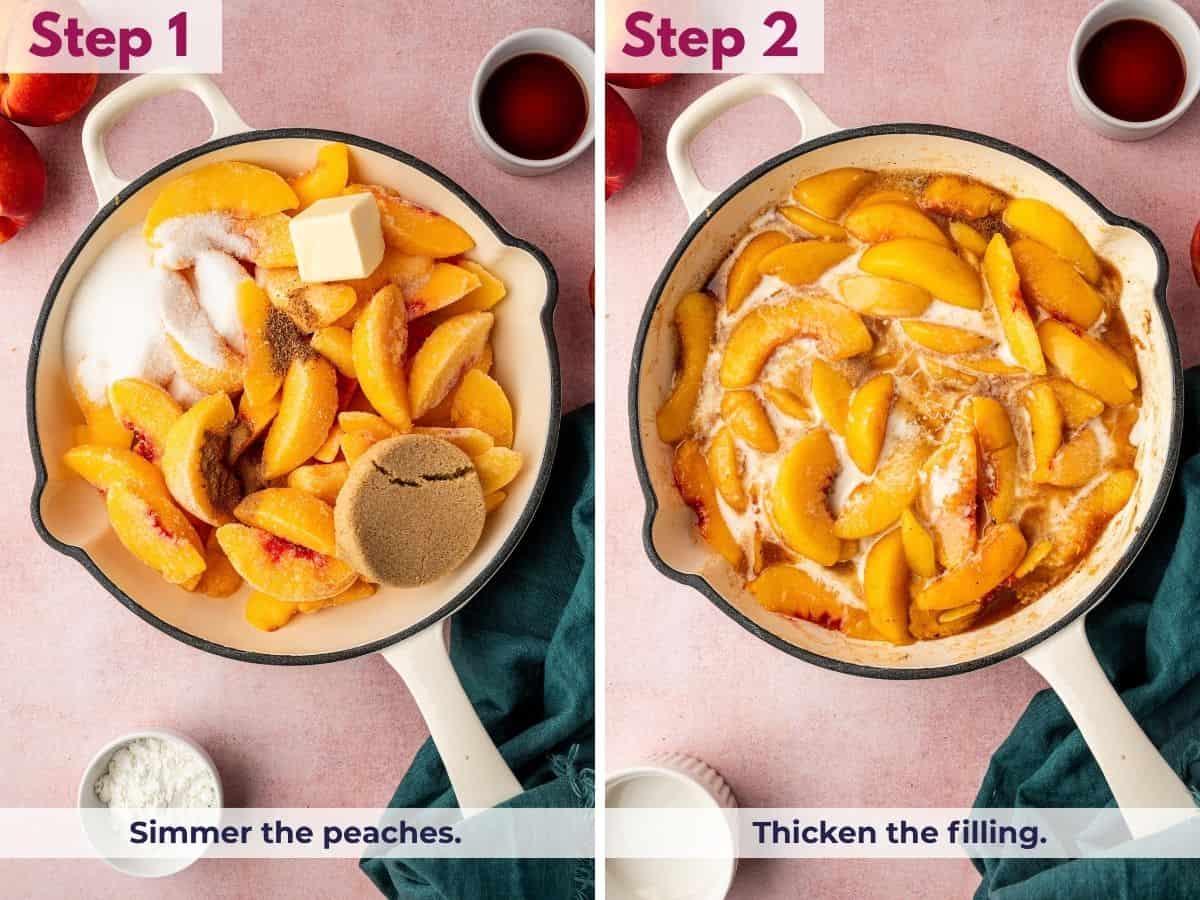 Simmering sliced peaches with cinnamon and sugar, then thickening the peach filling for homemade peach cobbler.