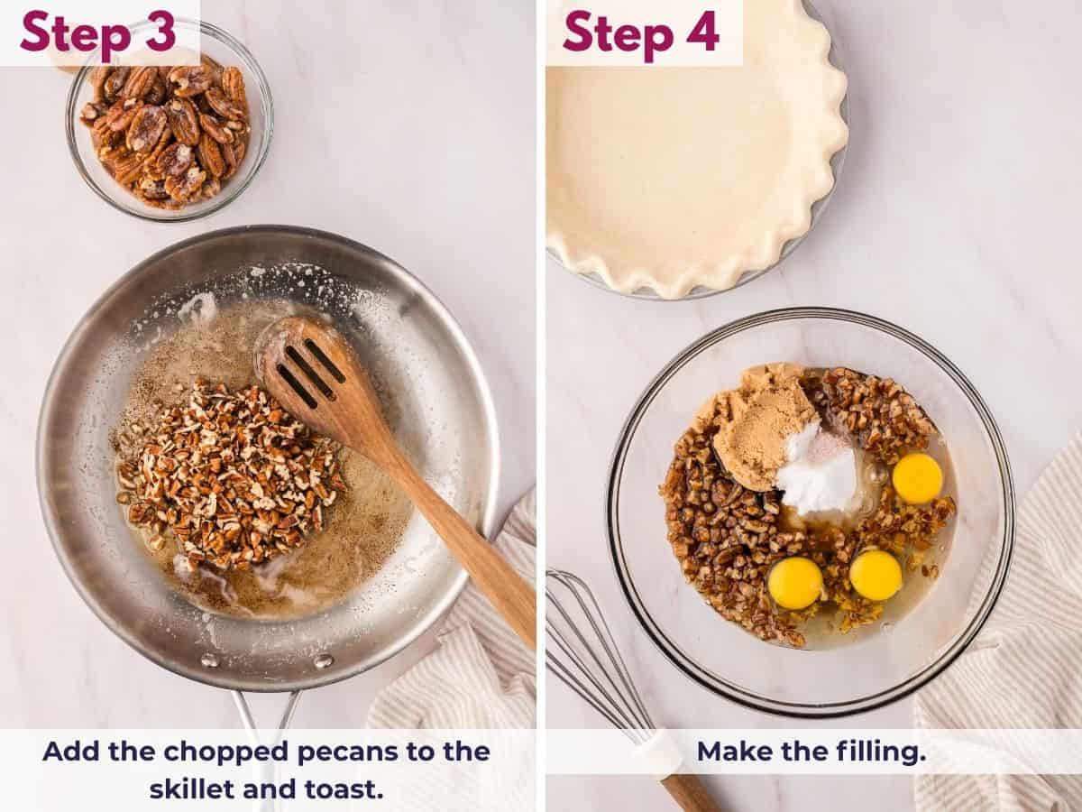 Toasting chopped pecans in the skillet, then mixing the browned butter, corn syrup, sugar, eggs, and vanilla to make the gooey pecan pie filling.