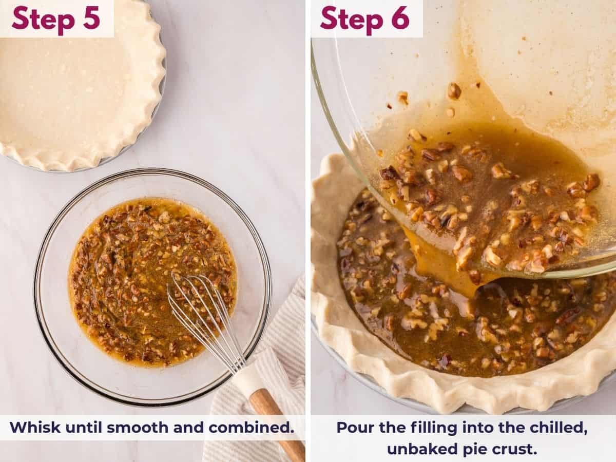 Whisking the pecan pie filling until smooth and combined, then pouring it into the chilled, unbaked pie crust.