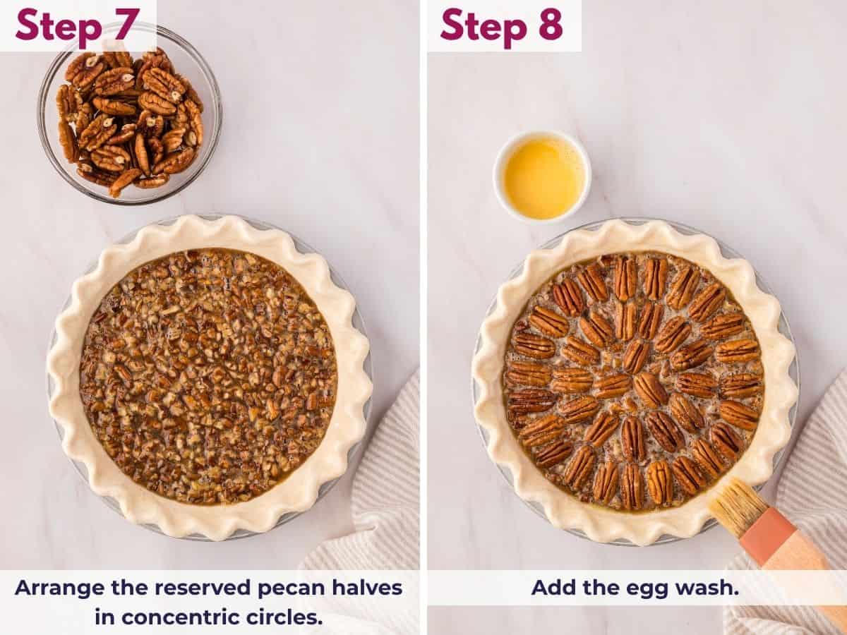 Arranging the reserved pecan halves in concentric circles over the pecan pie filling, then brushing the pie crust edges with egg wash before baking.