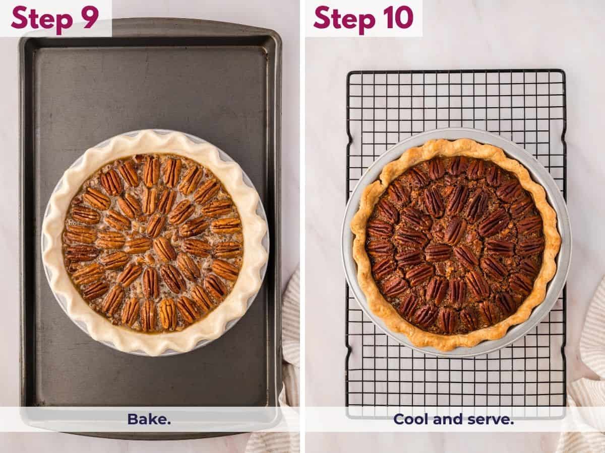 Baking the pecan pie until the filling is set and the crust is golden brown, then letting it cool before slicing and serving.