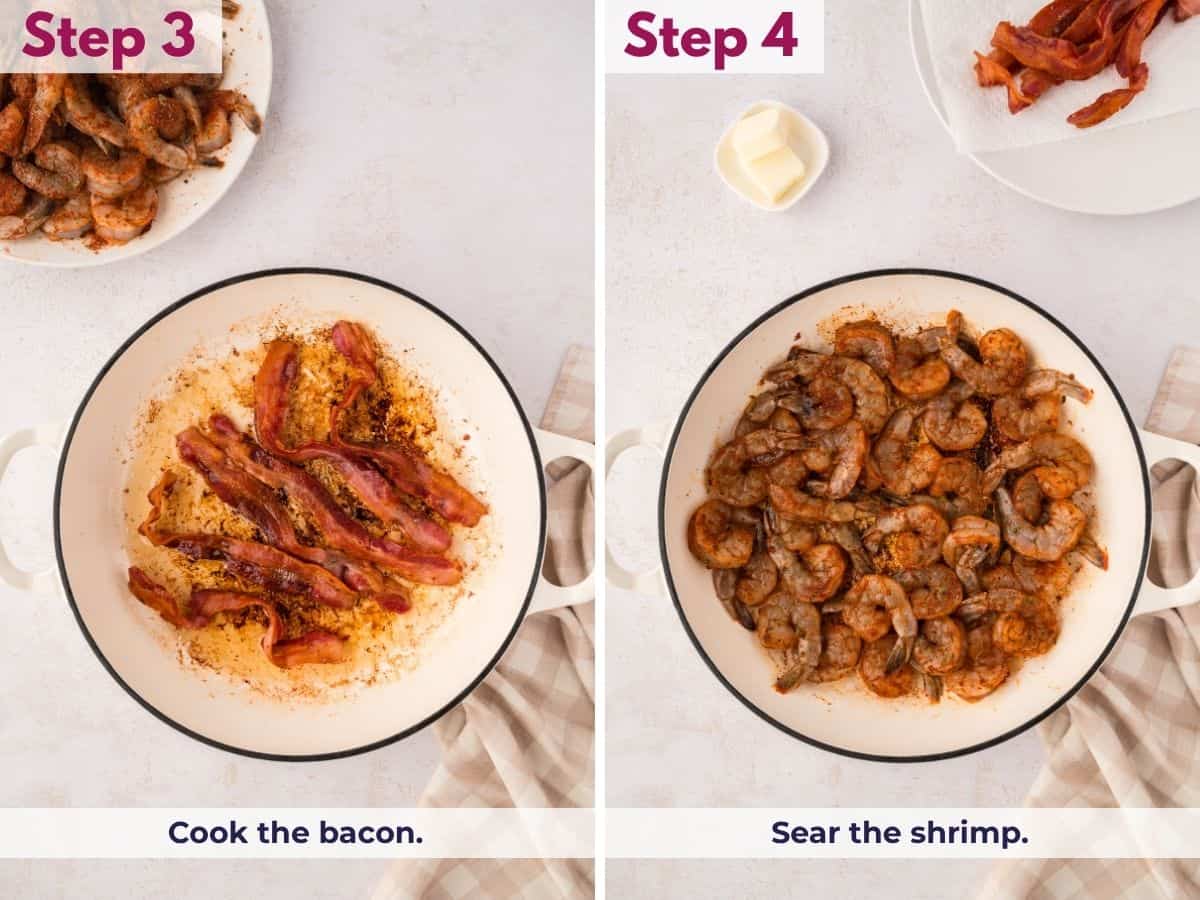 Cooking the bacon in a skillet until crispy, then searing the Cajun-seasoned shrimp until pink and cooked through for Southern shrimp and grits.