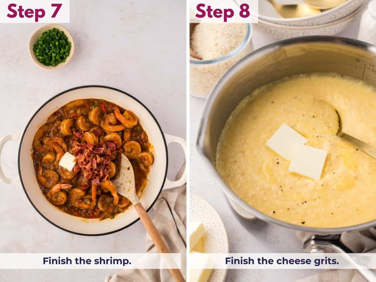 Returning the shrimp to the buttery Cajun pan sauce to finish cooking, then stirring cheddar cheese and butter into the grits until creamy and smooth.