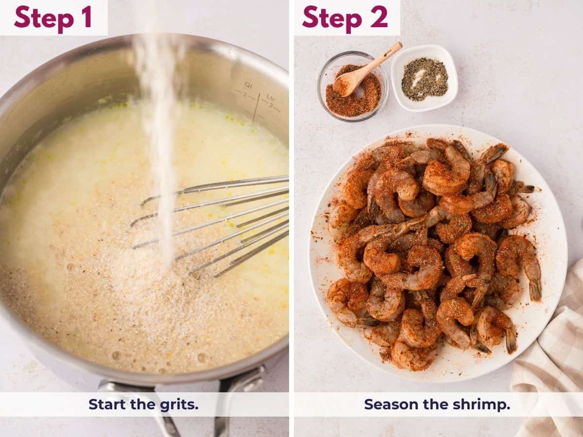 Cooking the grits until creamy, then seasoning the shrimp with Cajun spices, salt, and pepper for homemade shrimp and grits