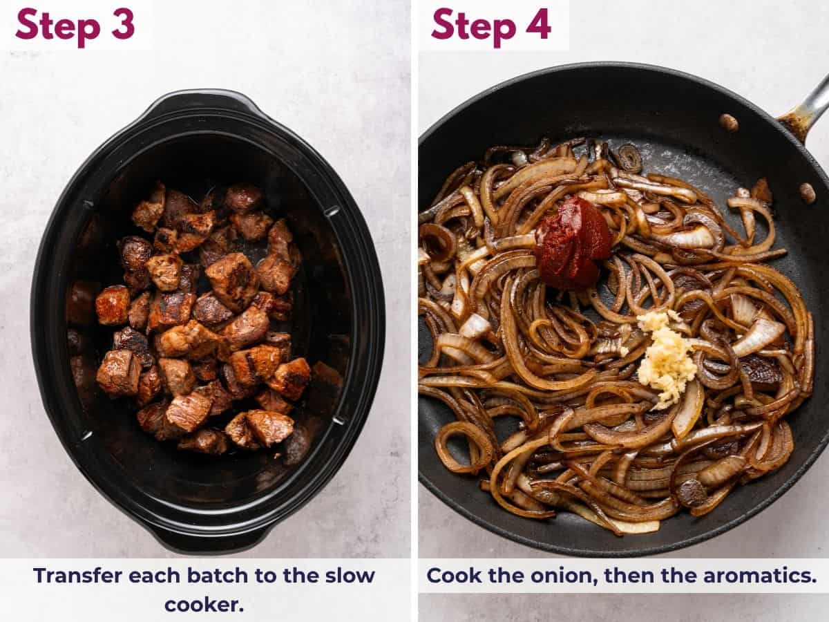 Transferring the seared beef to the slow cooker, then cooking the onions and aromatics in the skillet to build flavor for the beef tips and gravy.
