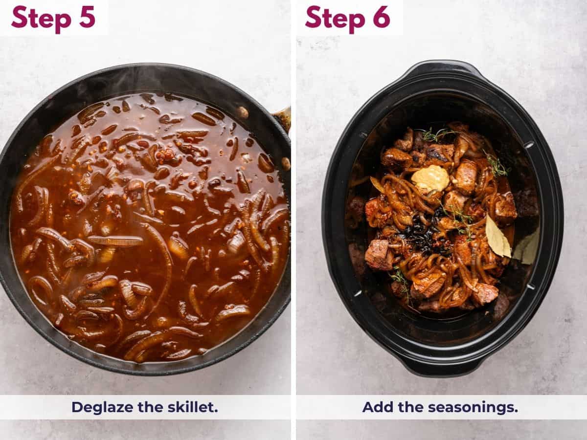Deglazing the skillet with beef broth to loosen the browned bits, then stirring in the seasonings for slow cooker beef tips and gravy.