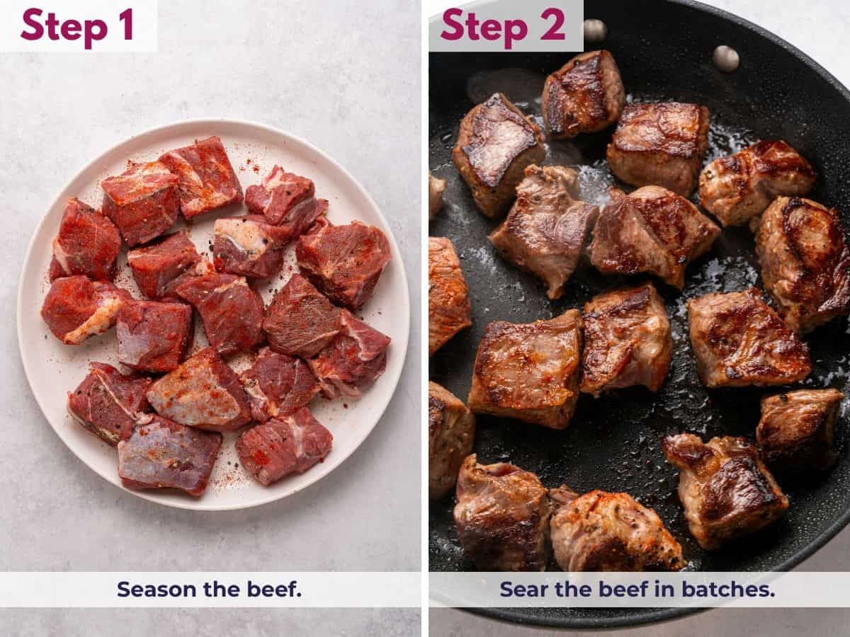 Seasoning the beef chunks with salt and pepper, then searing them in batches until browned on all sides for slow cooker beef tips and gravy.