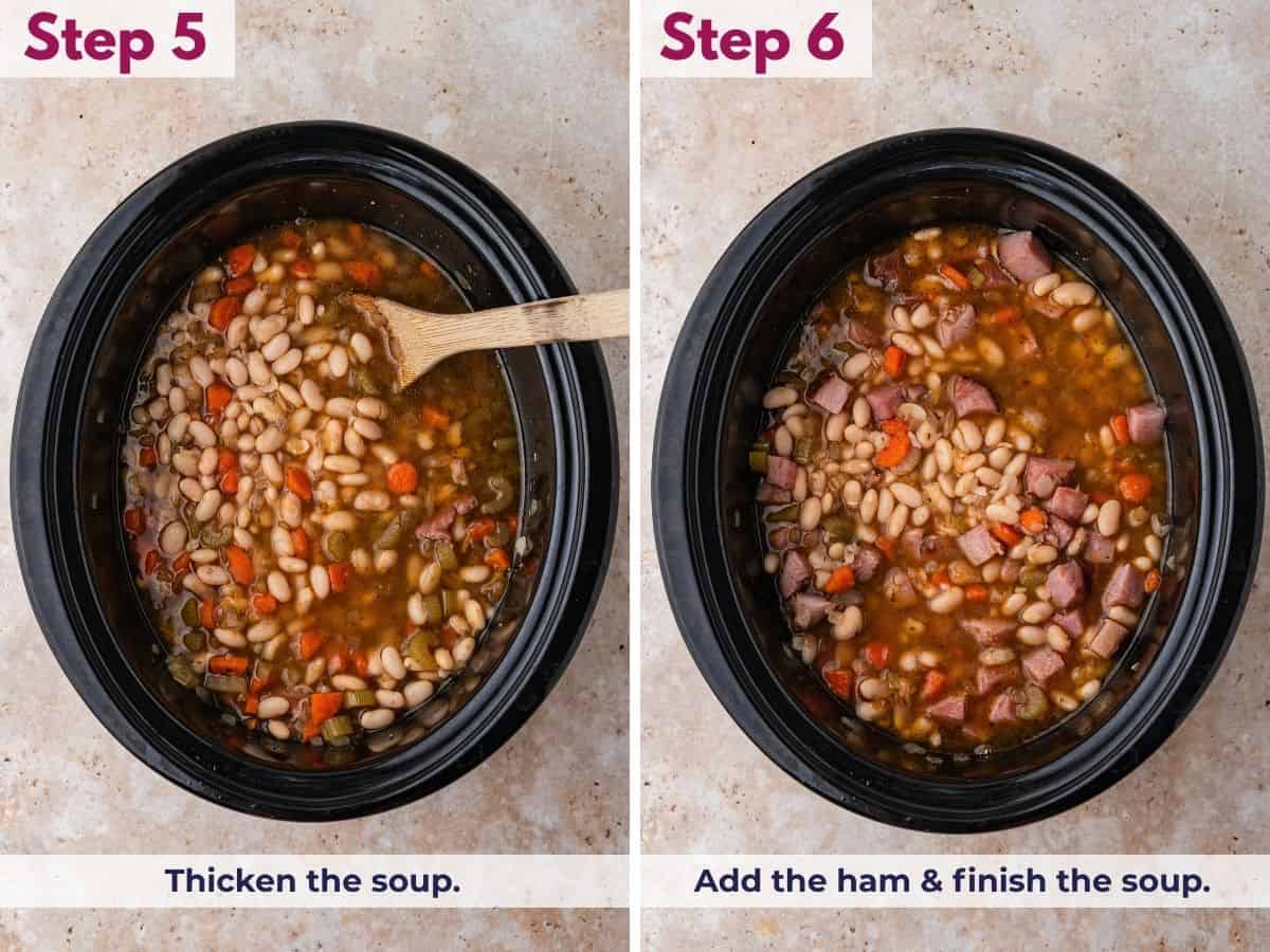 Thicken the soup until creamy, then add the seared ham and simmer to finish the soup.