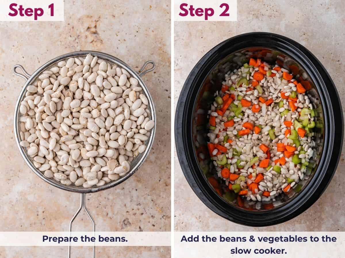 Rinse the beans under cold water, then add them and the vegetables to the slow cooker.