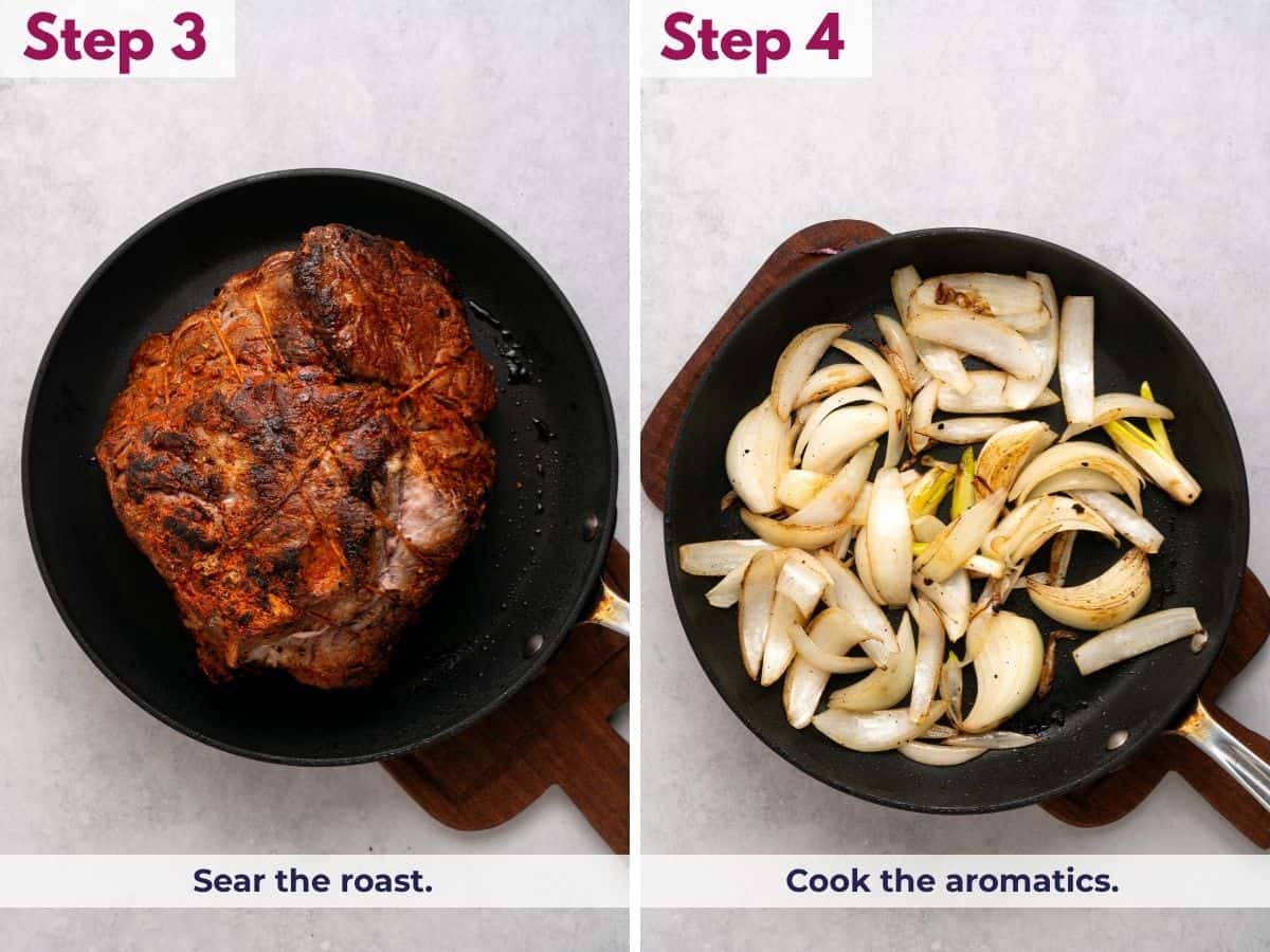 Searing the seasoned chuck roast until browned on all sides, then cooking the onions and garlic in the same skillet to build flavor for the slow cooker pot roast.