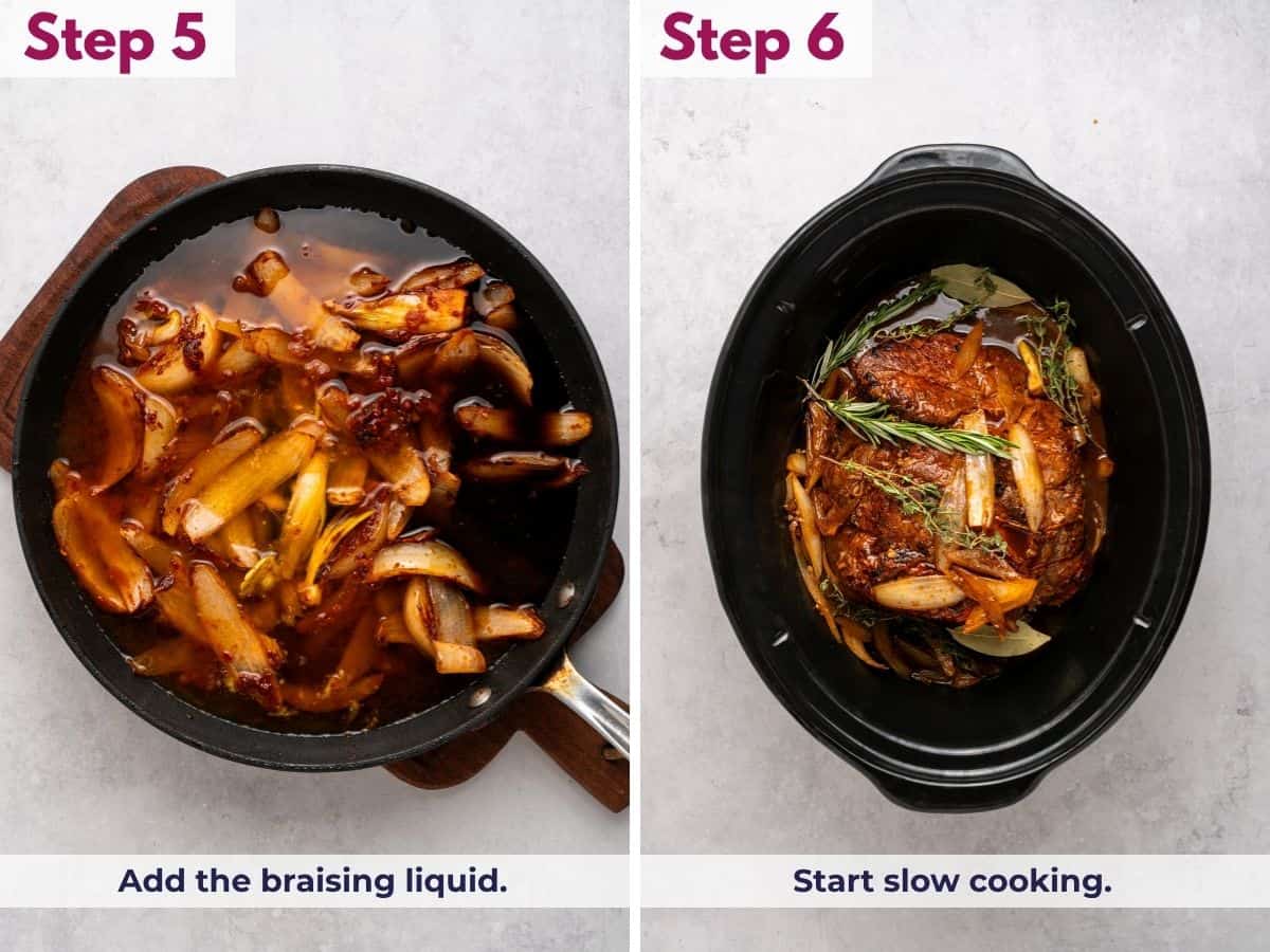 Pouring the beef broth and seasonings over the roast and vegetables, then covering the slow cooker to cook the pot roast until fork-tender.
