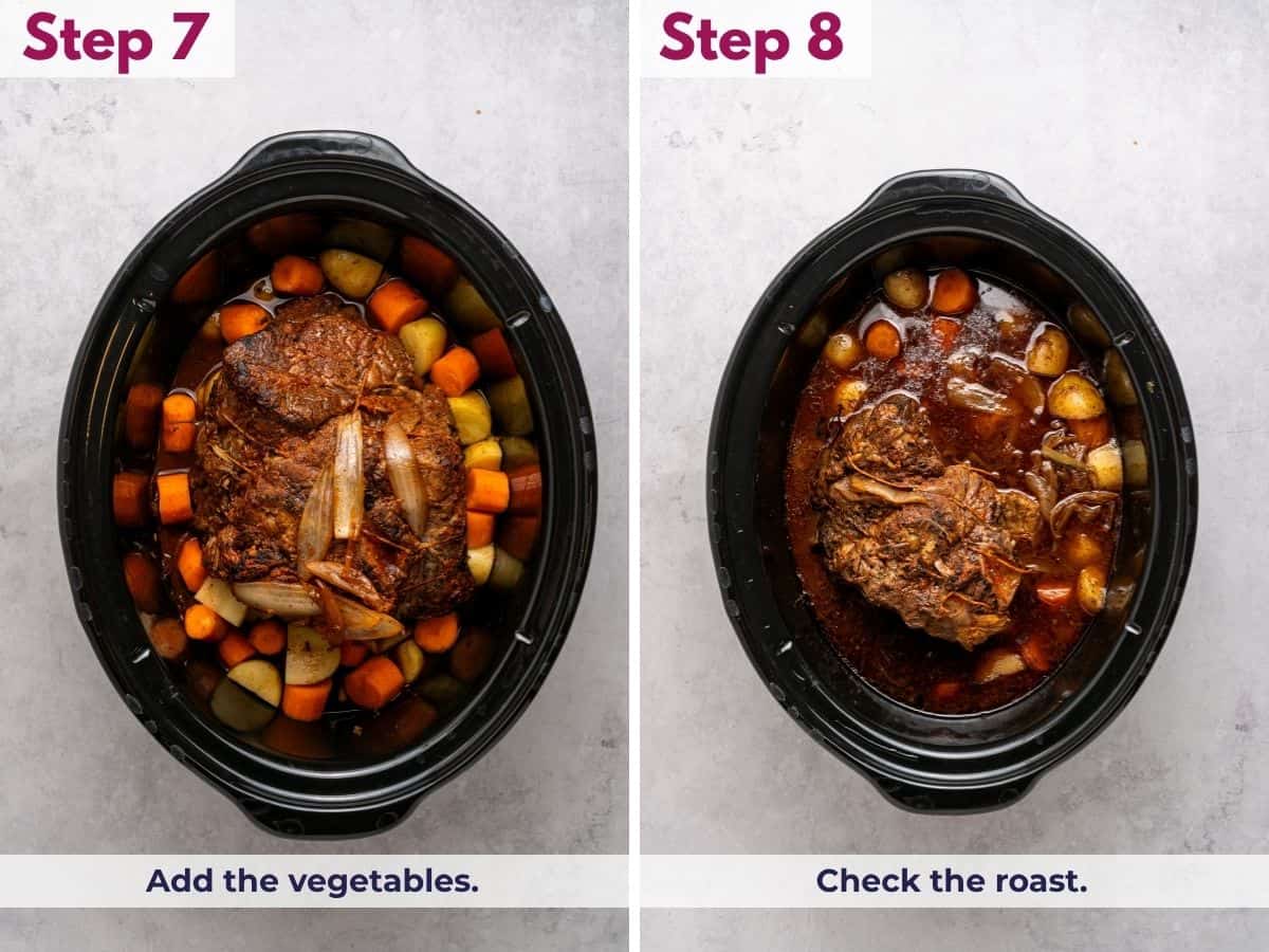 Adding potatoes and carrots to the slow cooker, then checking the chuck roast for fork-tender doneness.