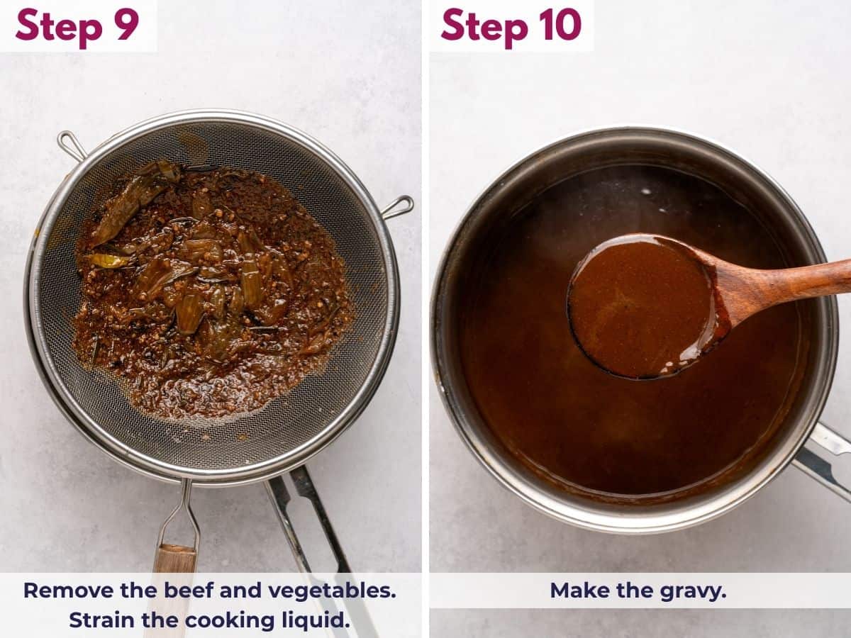Removing the tender beef and vegetables from the slow cooker, straining the cooking liquid, and thickening it into a savory homemade gravy for the pot roast.