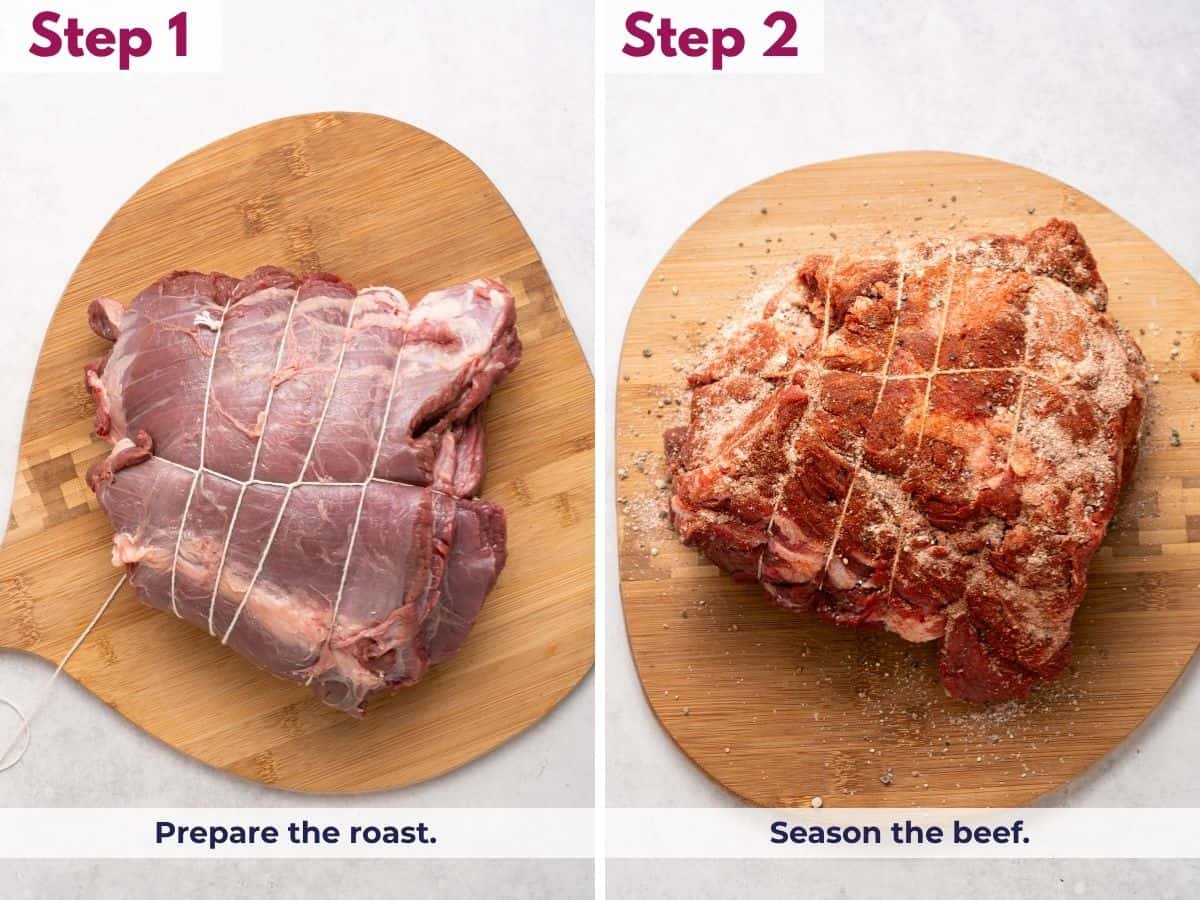 Preparing the chuck roast by patting the beef dry and seasoning it generously with salt, pepper, and spices before slow cooking.