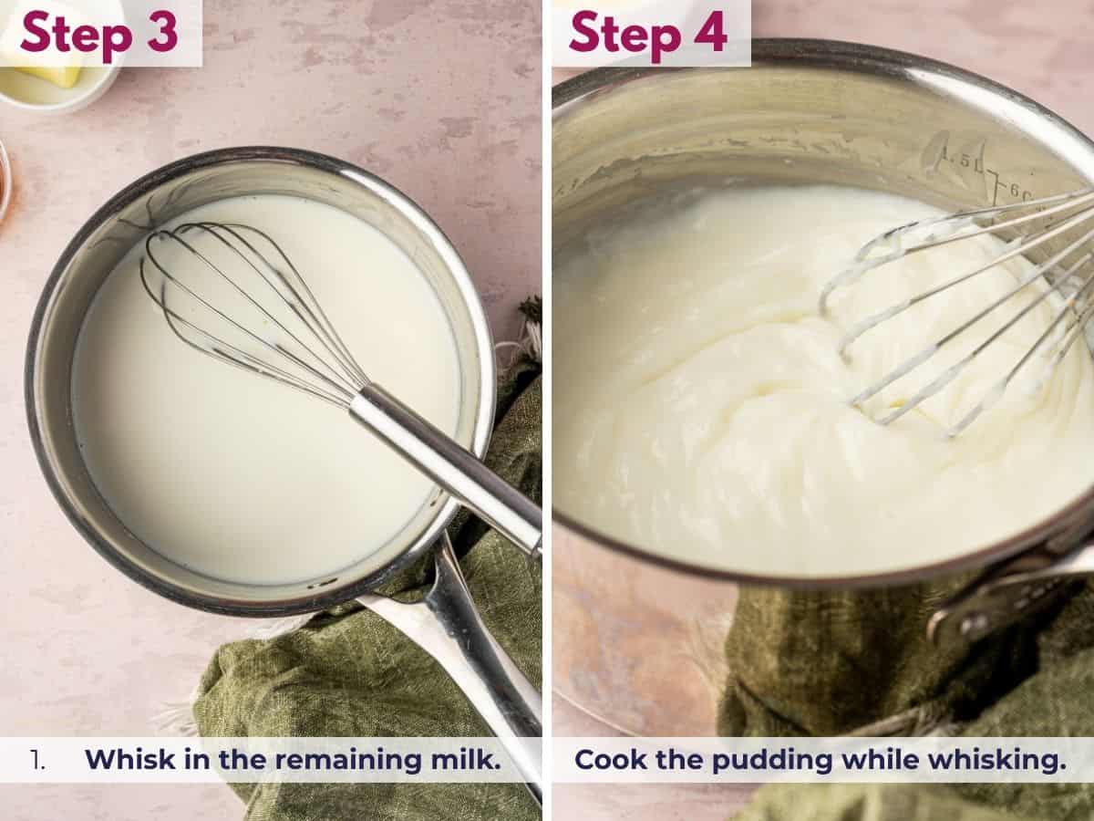 Whisking in the remaining milk and cooking the mixture over medium heat until the homemade vanilla pudding thickens.