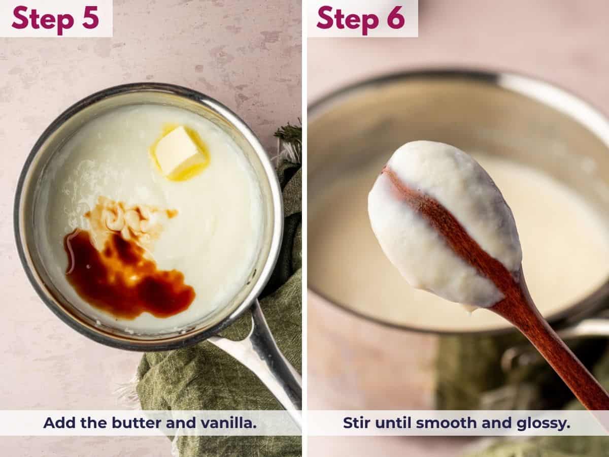 Adding butter and vanilla extract to the thickened pudding, then stirring until the homemade vanilla pudding is smooth and glossy.