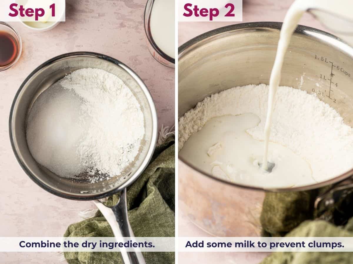 Whisking the dry ingredients together, then gradually adding milk to make a smooth mixture without lumps for homemade vanilla pudding.