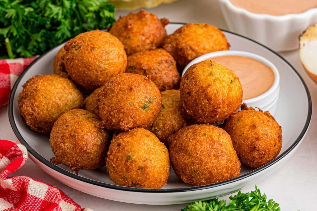 Golden-brown hush puppies ready to serve.