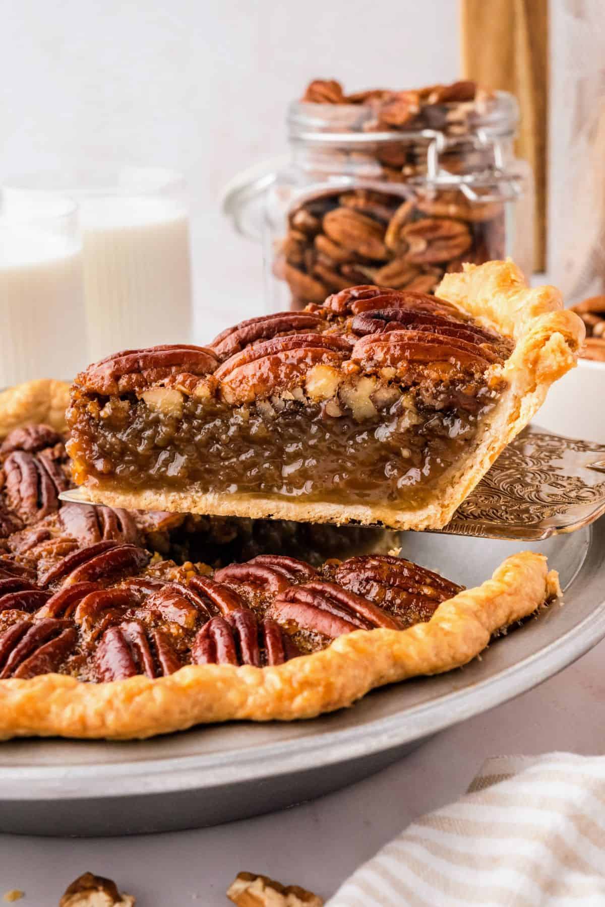 Easy pecan pie recipe featuring browned butter, toasted pecans, and a golden pie crust