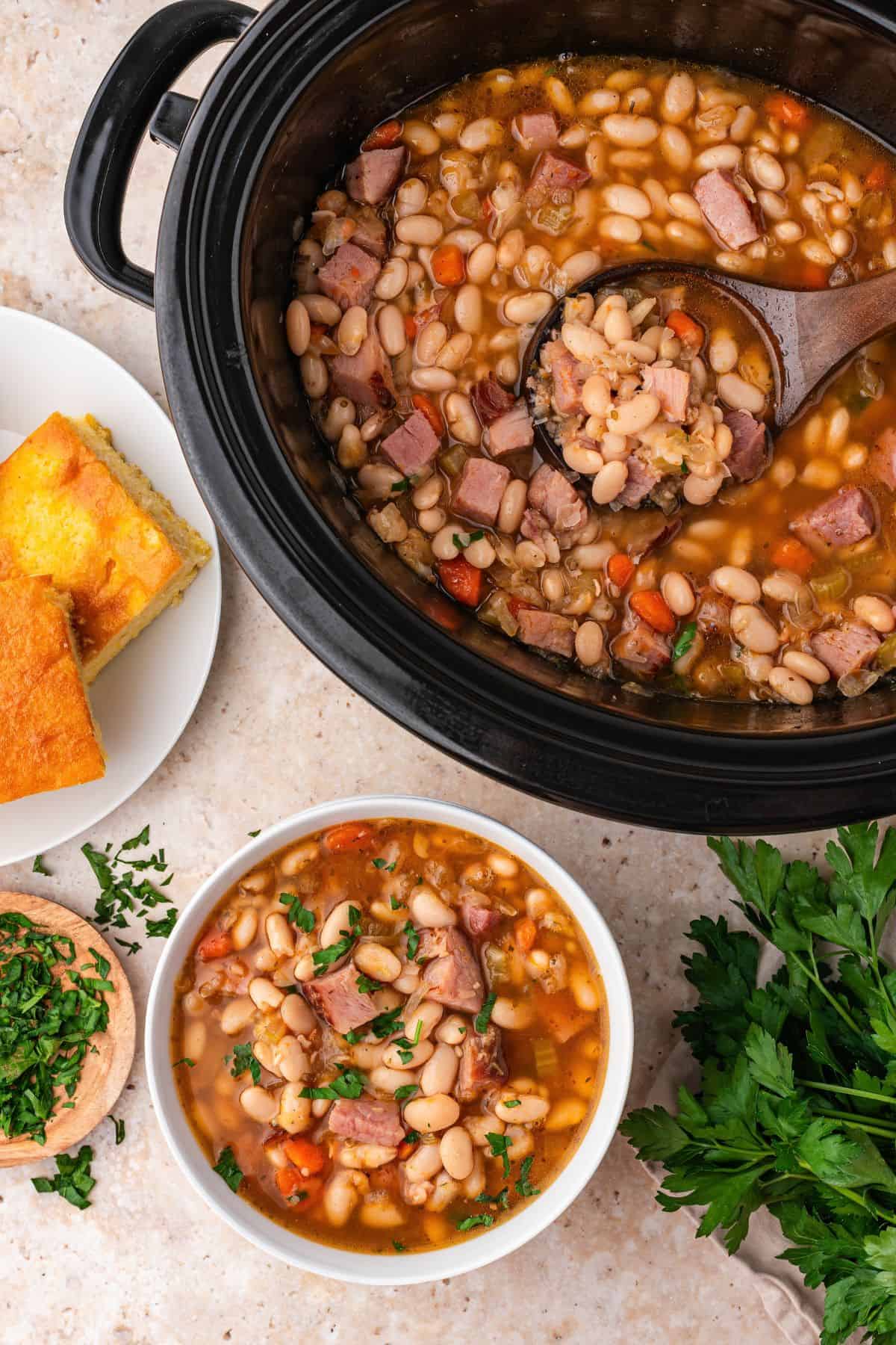 Crockpot ham and bean soup with leftover ham and a rich, flavorful broth