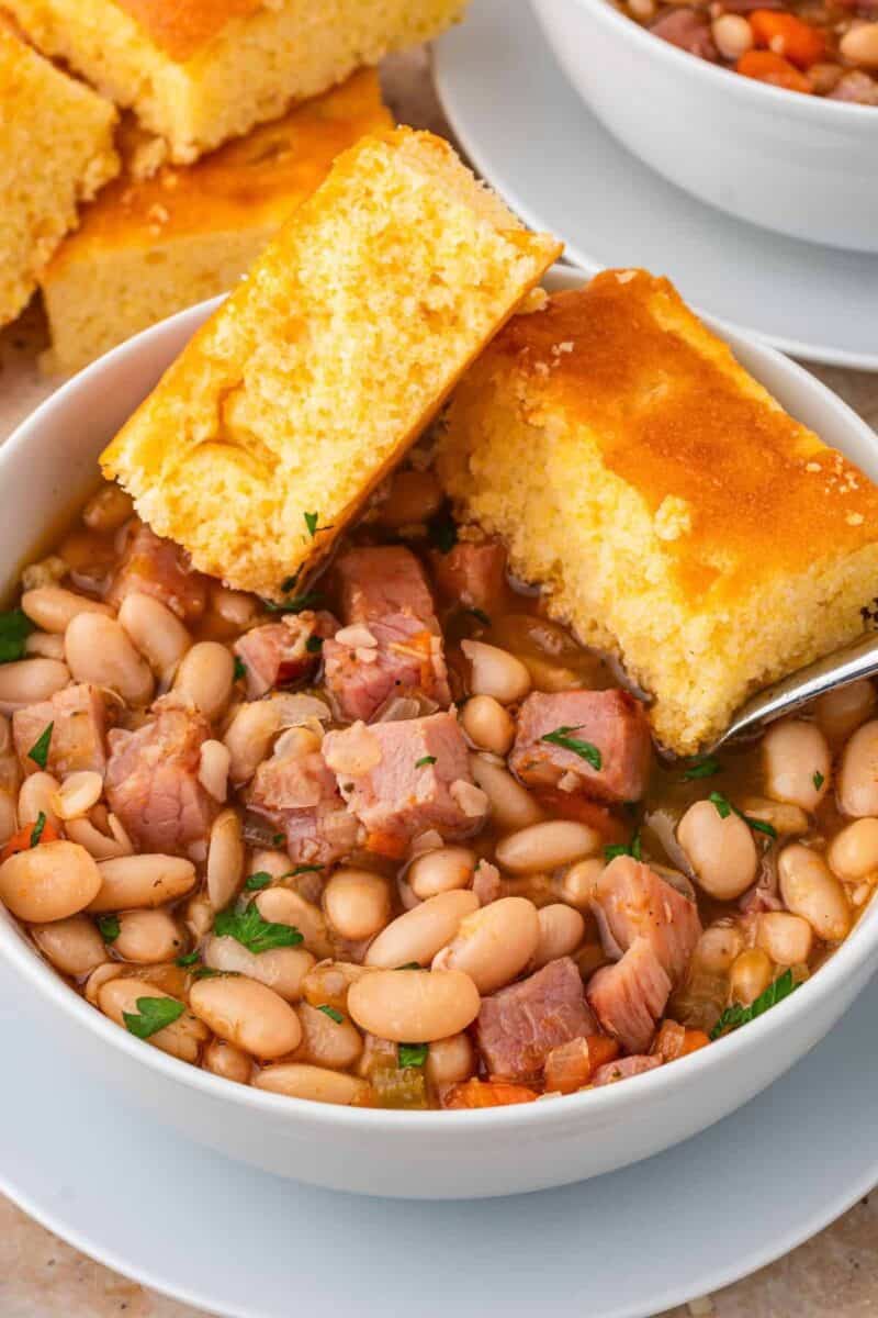 Ham and bean soup crockpot style with creamy beans and hearty vegetables