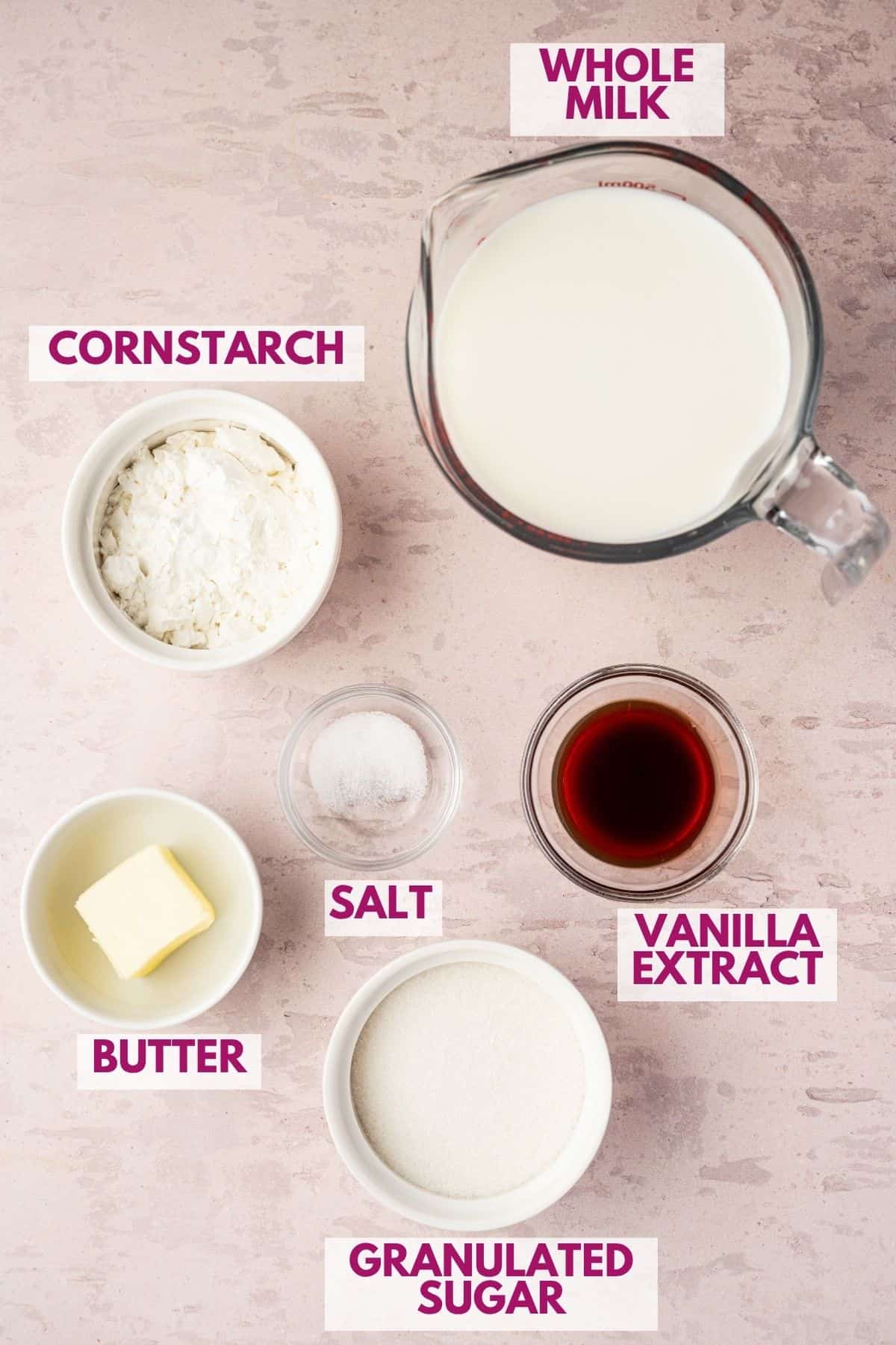 ingredients needed to make vanilla pudding from scratch in separate bowls