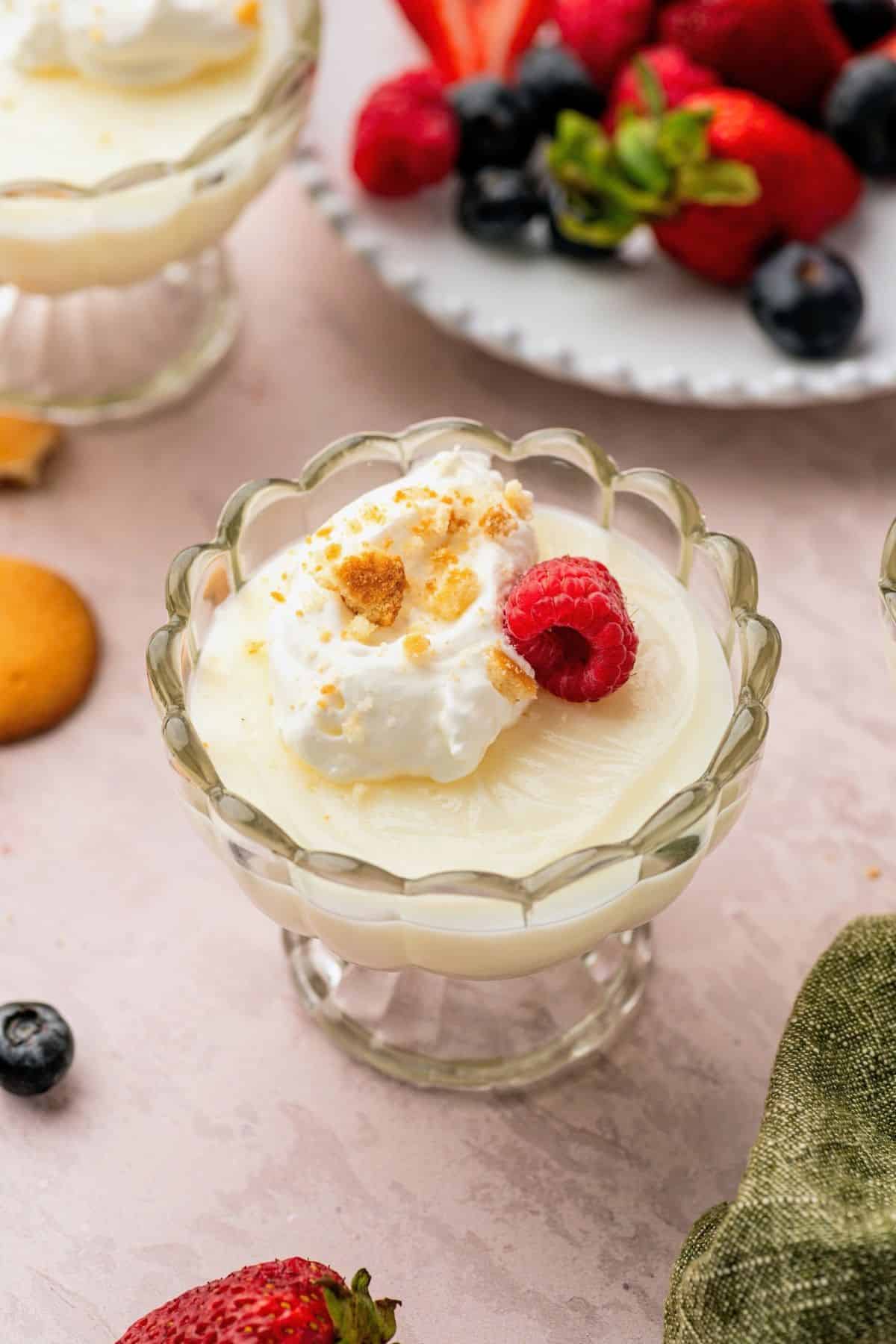 Homemade vanilla pudding chilled and ready to serve as a creamy dessert.