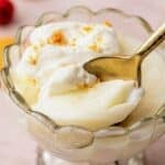Vanilla pudding from scratch spooned into a serving dish for a simple dessert.